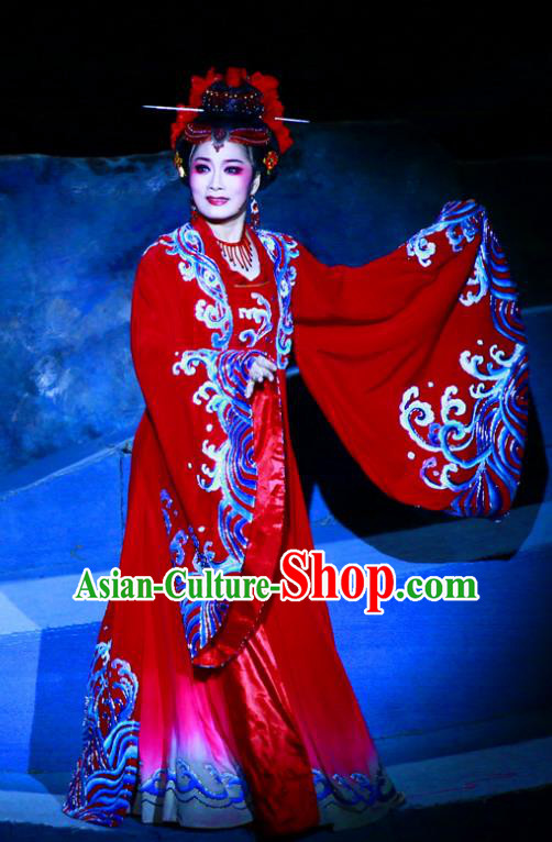 Ma Zu Chinese Shaoxing Opera Goddess Apparels and Headdress Yue Opera Actress Garment Hua Tan Lin Moniang Red Dress Costumes