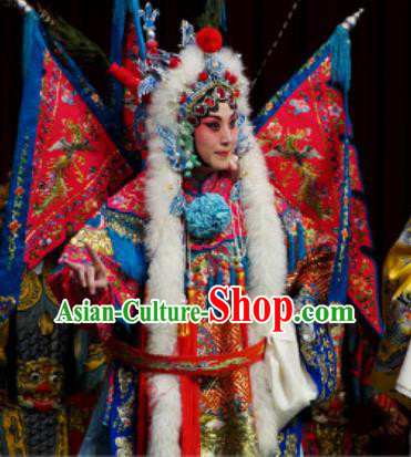 Chinese Kun Opera Female General Kao Costumes Princess Baihua Peking Opera Blues Garment Apparels Red Armor Suit with Flags and Headdress