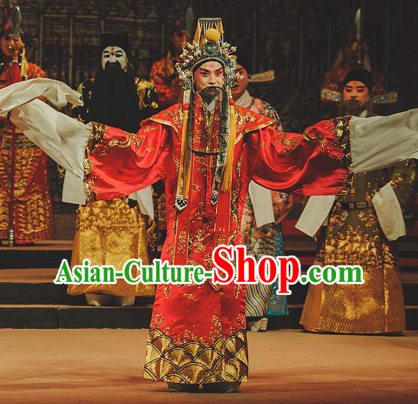 Chinese Classical Kun Opera Tang Emperor The Palace of Eternal Youth Costumes Garment and Headwear Peking Opera Apparels Elderly Male Red Ceremonial Robe