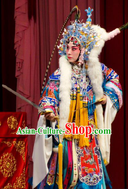 Chinese Kun Opera Female General Costumes Princess Baihua Peking Opera Blues Garment Apparels and Headdress