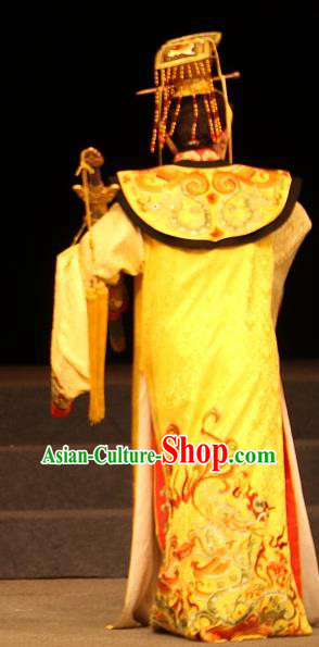 Chinese Yue Opera Young Male Costumes and Headwear Han Gong Yuan Shaoxing Opera Emperor Liu Xun Garment Apparels Ceremonial Robe