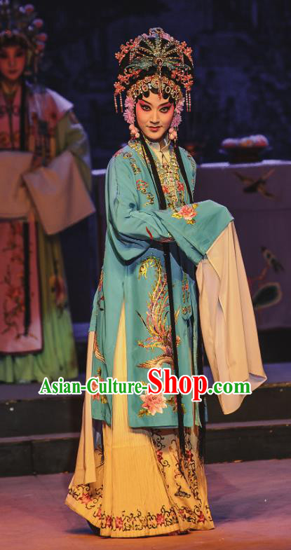 Chinese Kun Opera Hua Tan Consort Yang Blue Dress The Palace of Eternal Youth Costumes Peking Opera Apparels Actress Garment and Headwear