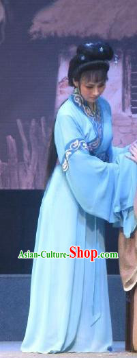 Chinese Shaoxing Opera Young Female Garment Costumes and Headpieces Xi Ma Qiao Yue Opera Diva Xiao Yueying Blue Dress Apparels