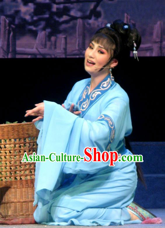Chinese Shaoxing Opera Young Female Garment Costumes and Headpieces Xi Ma Qiao Yue Opera Diva Xiao Yueying Blue Dress Apparels