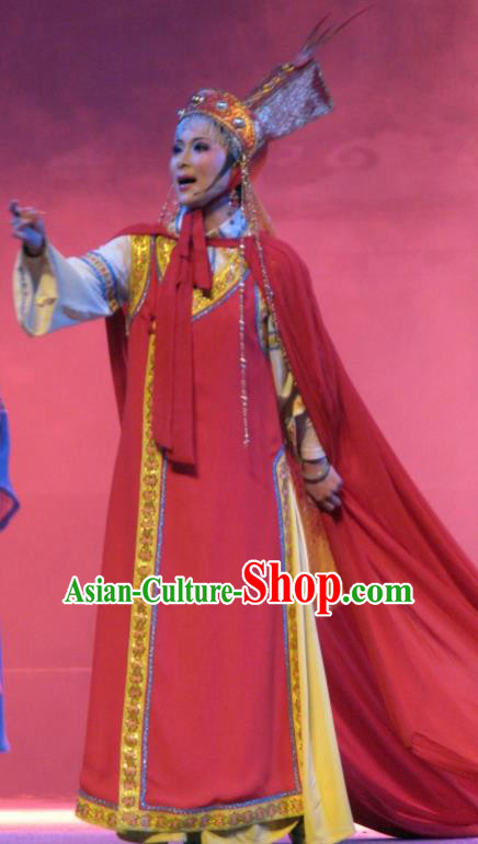 Chinese Shaoxing Opera Ethnic Princess A Jiao Young Female Dress Costumes and Headdress Xi Ma Qiao Yue Opera Garment Apparels