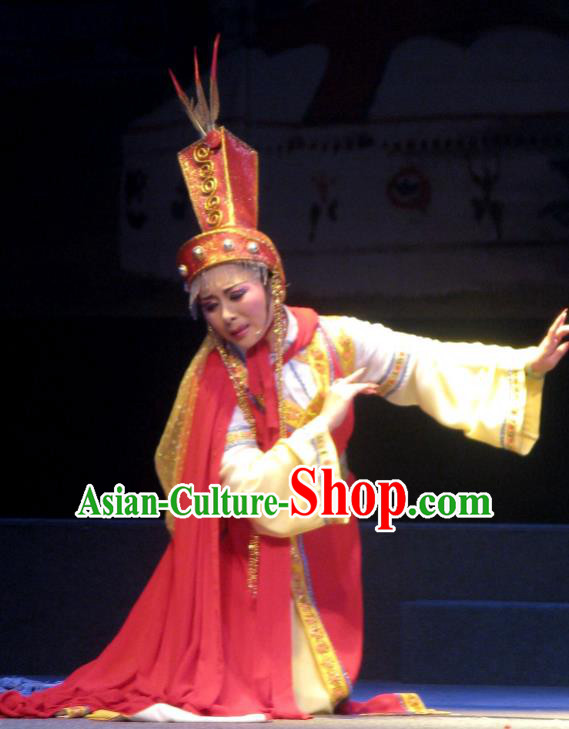 Chinese Shaoxing Opera Ethnic Princess A Jiao Young Female Dress Costumes and Headdress Xi Ma Qiao Yue Opera Garment Apparels
