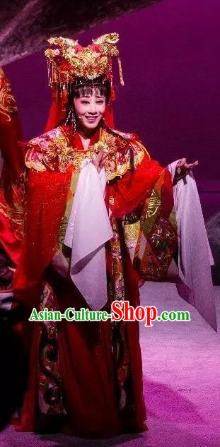 Chinese Shaoxing Opera Actress Wedding Garment Costumes and Headdress Dong Jun Qu Qi Yue Opera Hua Tan Zhi Lan Red Dress Apparels