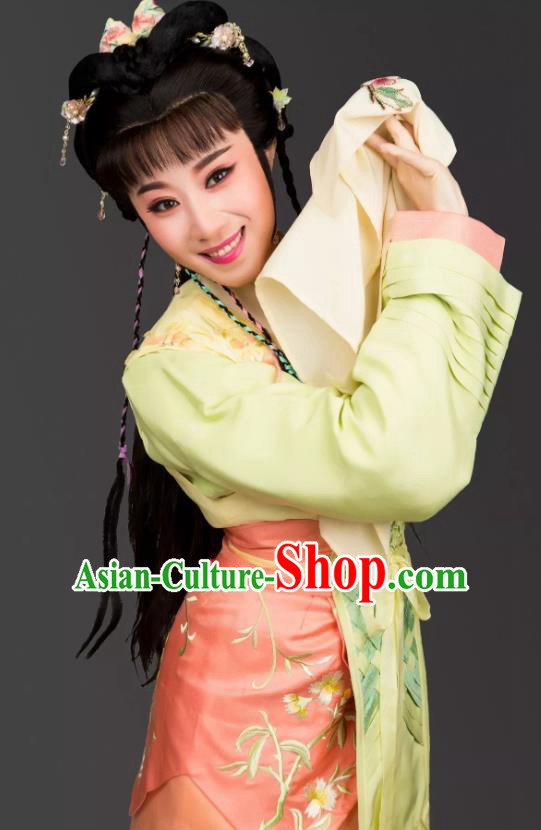 Chinese Shaoxing Opera Young Lady Garment and Headpieces Dong Jun Qu Qi Yue Opera Country Girl Zhi Lan Dress Apparels Costumes