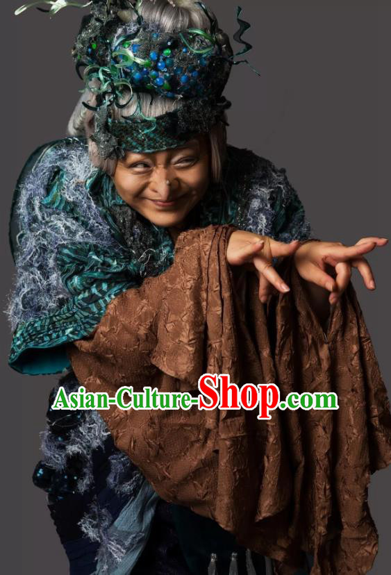 Chinese Shaoxing Opera Elderly Female Dress Garment and Headdress Dong Jun Qu Qi Yue Opera Land Shiva Apparels Costumes