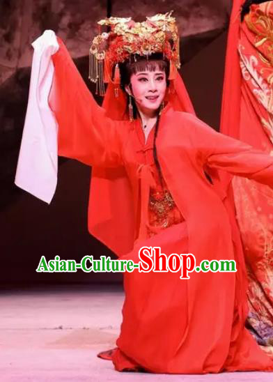 Chinese Shaoxing Opera Young Lady Red Dress Garment and Headdress Dong Jun Qu Qi Yue Opera Hua Tan Zhi Lan Wedding Apparels Costumes
