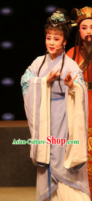 Chinese Shaoxing Opera Hua Tan Actress Purple Dress Garment and Headpieces Han Gong Yuan Yue Opera Young Female Han Ying Apparels Costumes