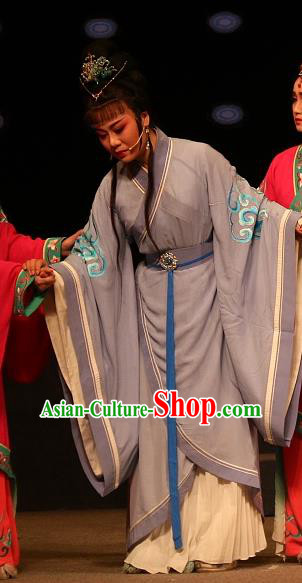 Chinese Shaoxing Opera Hua Tan Actress Purple Dress Garment and Headpieces Han Gong Yuan Yue Opera Young Female Han Ying Apparels Costumes