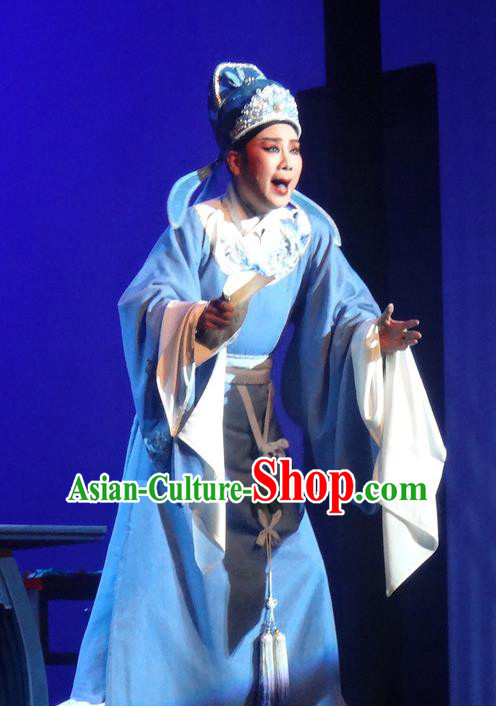 Chinese Shaoxing Opera Scholar Blue Robe Garment Yue Opera Shuang Fei Yi Young Male Apparels Li Shangyin Costumes and Hat
