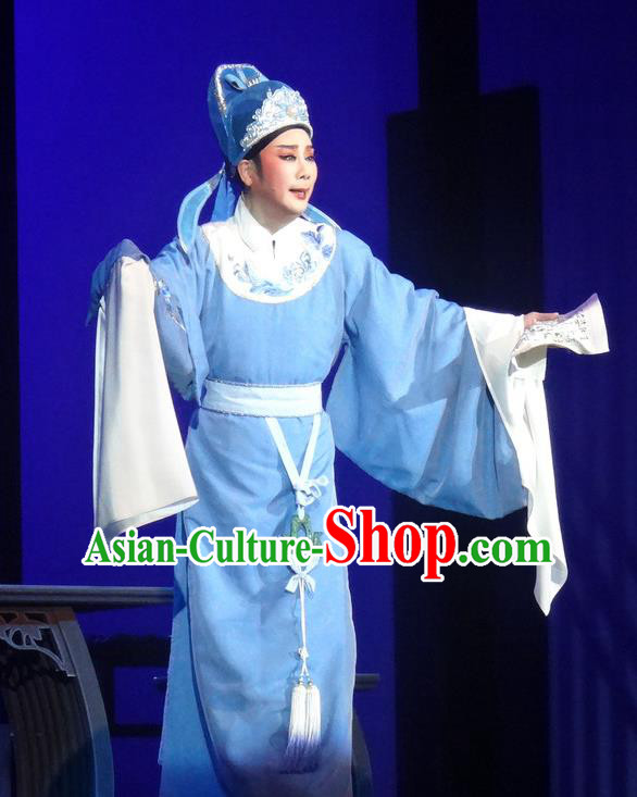 Chinese Shaoxing Opera Scholar Blue Robe Garment Yue Opera Shuang Fei Yi Young Male Apparels Li Shangyin Costumes and Hat
