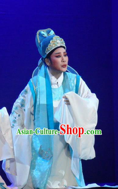 Chinese Shaoxing Opera Poet Scholar Blue Garment Yue Opera Shuang Fei Yi Young Male Li Shangyin Apparels Costumes and Hat