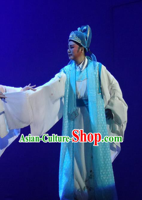 Chinese Shaoxing Opera Poet Scholar Blue Garment Yue Opera Shuang Fei Yi Young Male Li Shangyin Apparels Costumes and Hat
