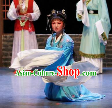 Chinese Shaoxing Opera Young Female Blue Dress Apparels Yue Opera The Peacocks Fly To The Southeast Liu Lanzhi Costumes Garment and Headpieces