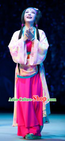 Chinese Shaoxing Opera Young Lady Li Da Dress Garment Costumes and Headdress Bady from the Sea Yue Opera Hua Tan Country Girl Apparels