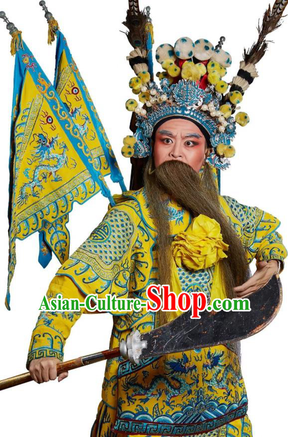 Chinese Classical Kun Opera Martial Men Apparels Princess Baihua Peking Opera Costumes General Kao Armor Suit with Flags Garment and Headwear
