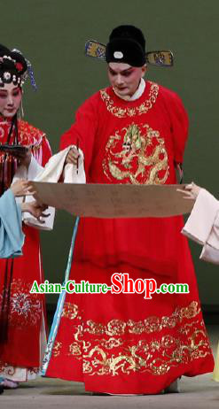 Chinese Classical Kun Opera Scholar Young Male Wedding Garment The Purple Hairpin Peking Opera Bridegroom Red Costumes and Hat
