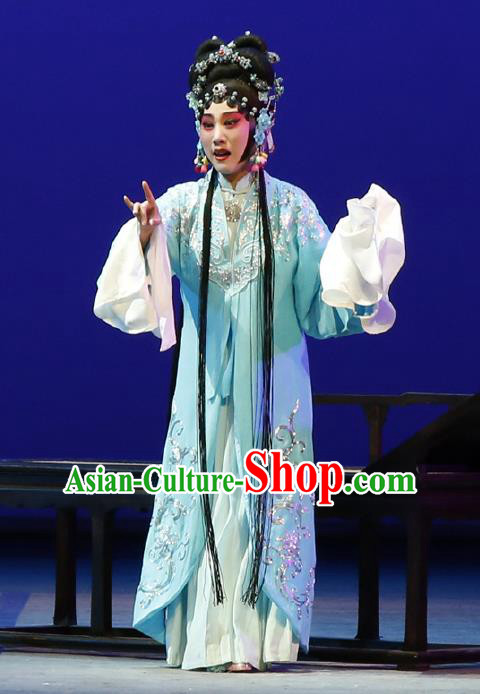 Chinese The Purple Hairpin Kun Opera Rich Lady Costumes Peking Opera Garment Hua Dan Huo Xiaoyu Blue Dress Apparels and Headdress