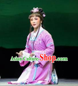 Chinese Shaoxing Opera Hua Tan Garment Costumes and Headdress Wang Yangming Yue Opera Young Lady Purple Dress Apparels