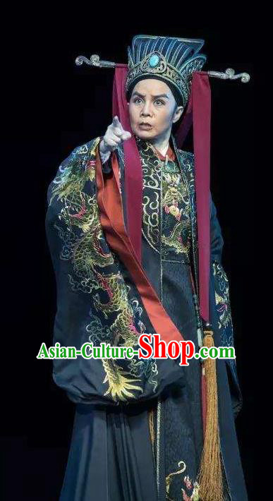 Chinese Yue Opera Elderly Male Costumes Apparels and Headwear Shaoxing Opera Wang Yangming Laosheng Eunuch Garment
