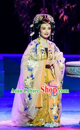 Chinese Shaoxing Opera Empress Actress Garment Costumes and Headdress Wang Yangming Yue Opera Hua Tan Yellow Dress Apparels