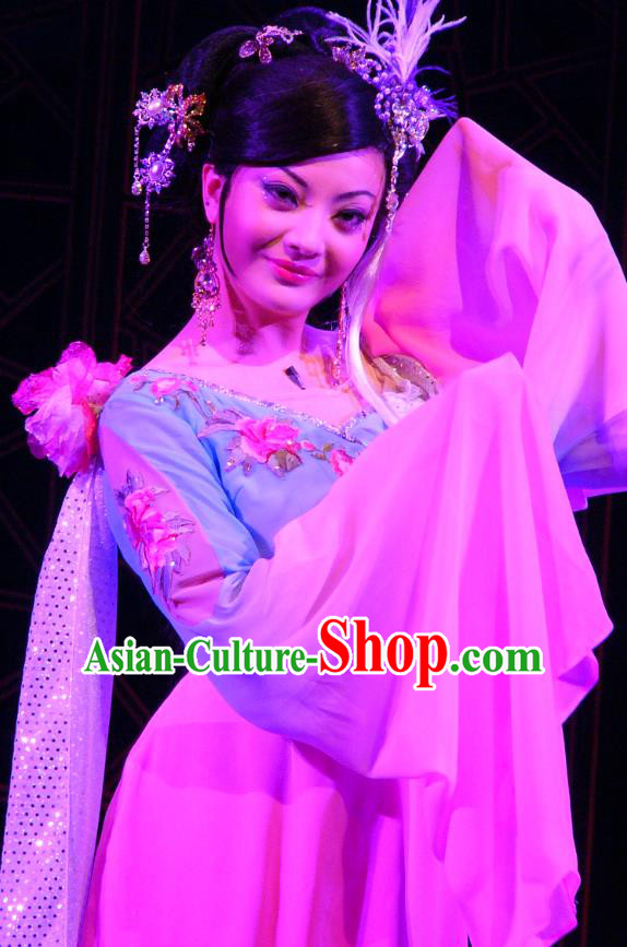 Chinese Shaoxing Opera Hua Tan Garment Costumes and Headdress Painted Skin Hua Pi Yue Young Mistress Wang Dress Apparels