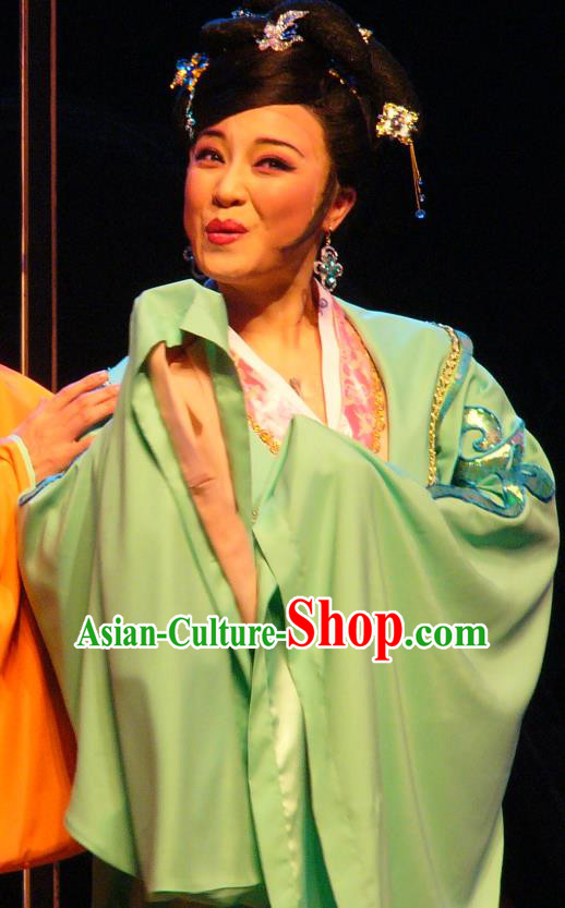 Chinese Shaoxing Opera Actress Green Dress Costumes and Headpieces Painted Skin Hua Pi Yue Opera Young Mistress Wang Garment Apparels