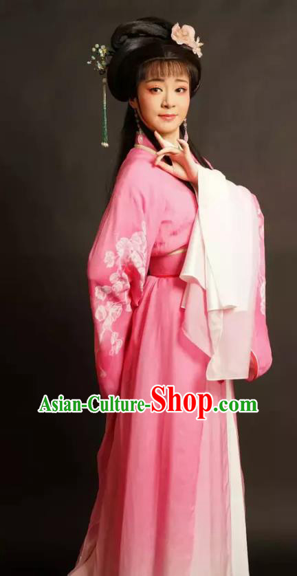 Chinese Shaoxing Opera Noble Lady Xi Daomao Rosy Dress Garment Costumes and Headpieces Wu Yi Lane Yue Opera Hua Tan Apparels