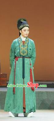 Su Qin Chinese Yue Opera Xiaosheng Young Male Green Garment and Hat Shaoxing Opera Niche Apparels Costumes