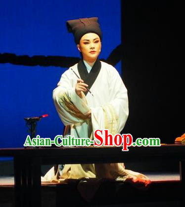 Su Qin Chinese Yue Opera Scholar Robe Apparels Young Male Costumes and Hat Shaoxing Opera Niche Garment