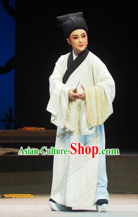 Su Qin Chinese Yue Opera Scholar Robe Apparels Young Male Costumes and Hat Shaoxing Opera Niche Garment