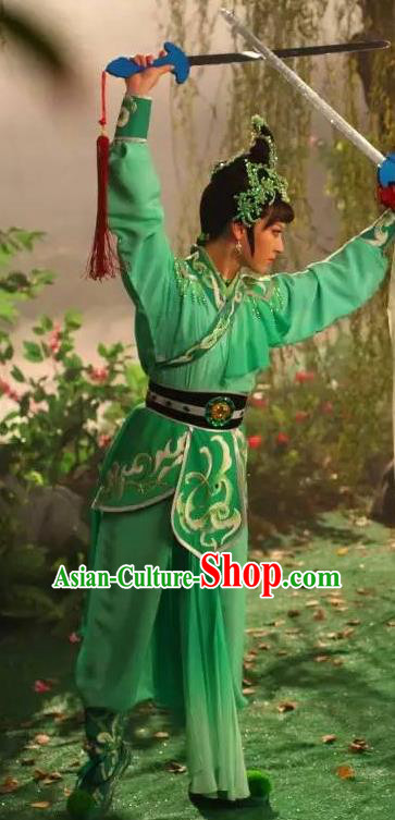 Chinese Shaoxing Opera Martial Female Garment Costumes and Headpieces Legend of White Snake Yue Opera Wudan Green Dress Apparels
