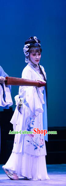 Chinese Shaoxing Opera Actress Bai Suzhen Garment Costumes Apparels and Headdress Legend of White Snake Yue Opera Hua Tan Dress