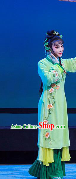 Chinese Shaoxing Opera Xiaodan Actress Garment Costumes Apparels and Headdress Legend of White Snake Yue Opera Young Lady Green Dress