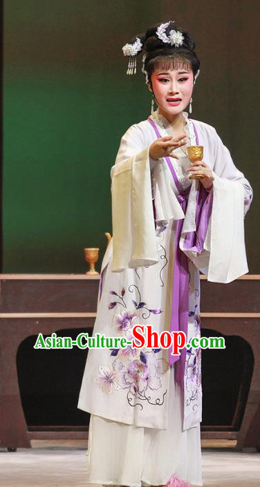 Chinese Shaoxing Opera Actress Bai Suzhen Garment Costumes and Headdress Legend of White Snake Yue Opera Young Lady Dress Apparels