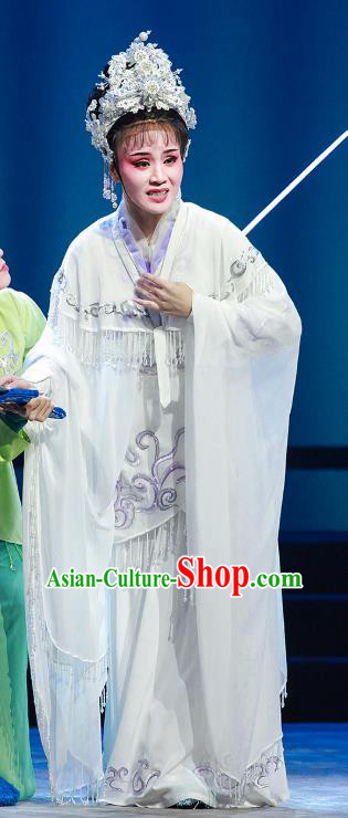 Chinese Shaoxing Opera Wu Dan Actress Bai Suzhen Garment Costumes and Headdress Legend of White Snake Yue Opera Hua Tan White Dress Apparels