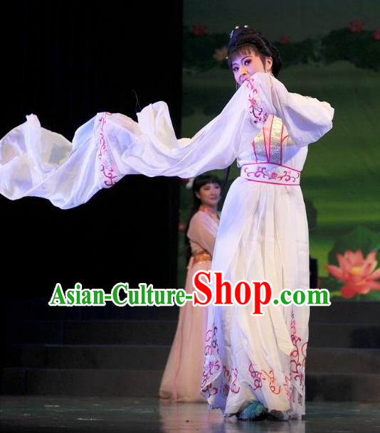 Chinese Shaoxing Opera Water Sleeve Dress Garment Costumes and Headdress Legend of White Snake Yue Opera Actress Bai Suzhen Apparels