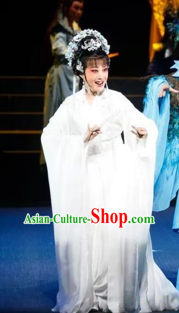 Chinese Shaoxing Opera Actress Young Female Apparels Costumes and Headdress The Story of Goddess Yue Opera Hua Tan Su Nv Garment