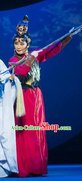 Chinese Shaoxing Opera Swordswoman Han Ba Red Apparels Costumes and Headdress The Story of Goddess Yue Opera Martial Female Dress Garment