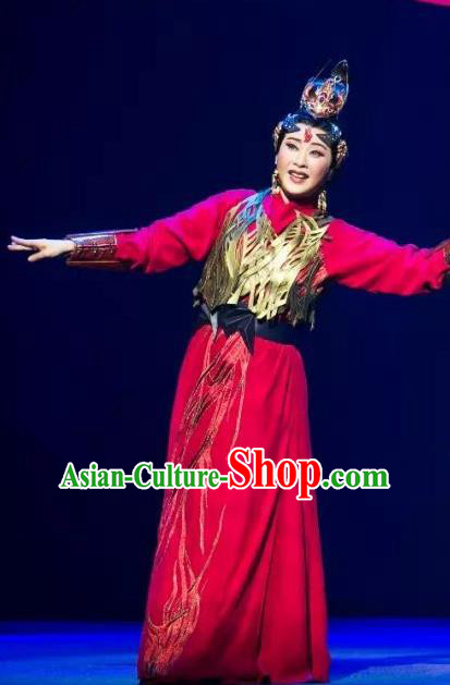 Chinese Shaoxing Opera Swordswoman Han Ba Red Apparels Costumes and Headdress The Story of Goddess Yue Opera Martial Female Dress Garment
