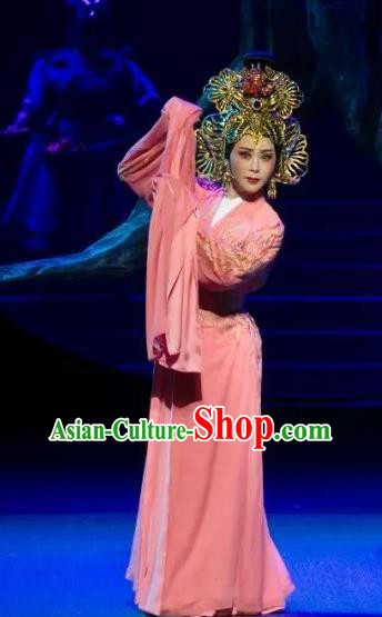 Chinese Shaoxing Opera Hua Tan Apparels Costumes and Headdress The Story of Goddess Yue Opera Actress Pink Dress Garment