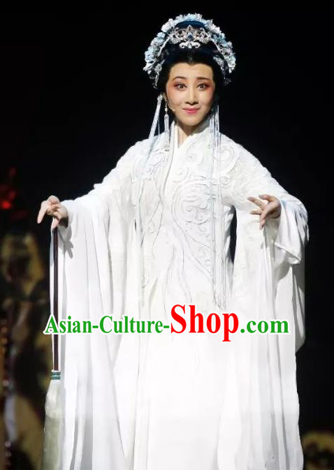 Chinese Shaoxing Opera Young Female Su Nv Costumes and Headdress The Story of Goddess Yue Opera Hua Tan Garment Apparels