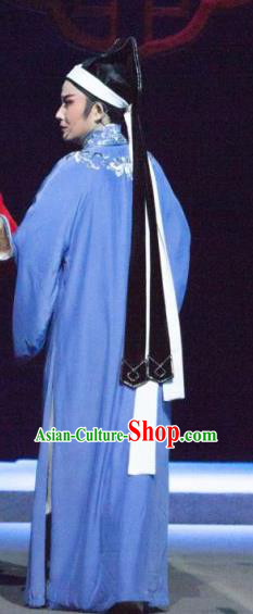 Chinese Yue Opera Tuan Yuan Zhi Hou Xiaosheng Shi Qiaosheng Costumes and Hat Shaoxing Opera Young Male Scholar Blue Robe Garment Apparels