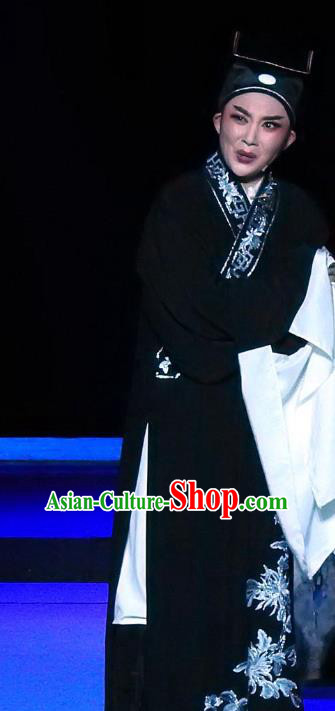 Chinese Yue Opera Tuan Yuan Zhi Hou Costumes and Hat Shaoxing Opera Young Male Xiaosheng Shi Qiaosheng Garment Apparels Scholar Black Robe