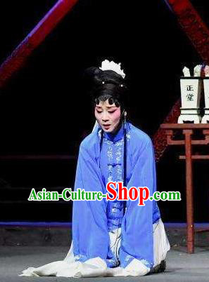 Chinese Shaoxing Opera Tsing Yi Blue Dress Costumes and Headdress Tuan Yuan Zhi Yue Opera Actress Distress Maiden Garment Apparels