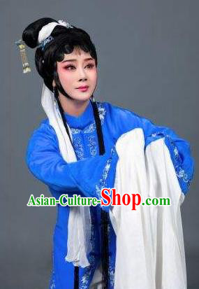 Chinese Shaoxing Opera Tsing Yi Blue Dress Costumes and Headdress Tuan Yuan Zhi Hou Yue Opera Actress Distress Maiden Garment Apparels
