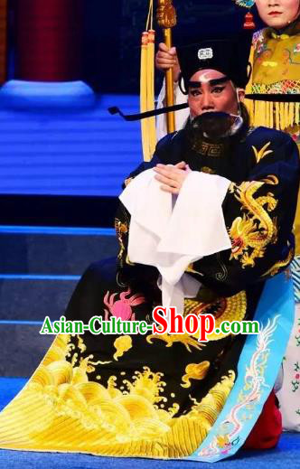 Chinese Yue Opera Official Bao Zheng Apparels Costumes and Headwear Shaoxing Opera Tian Dao Zheng Yi Laosheng Elderly Man Black Garment
